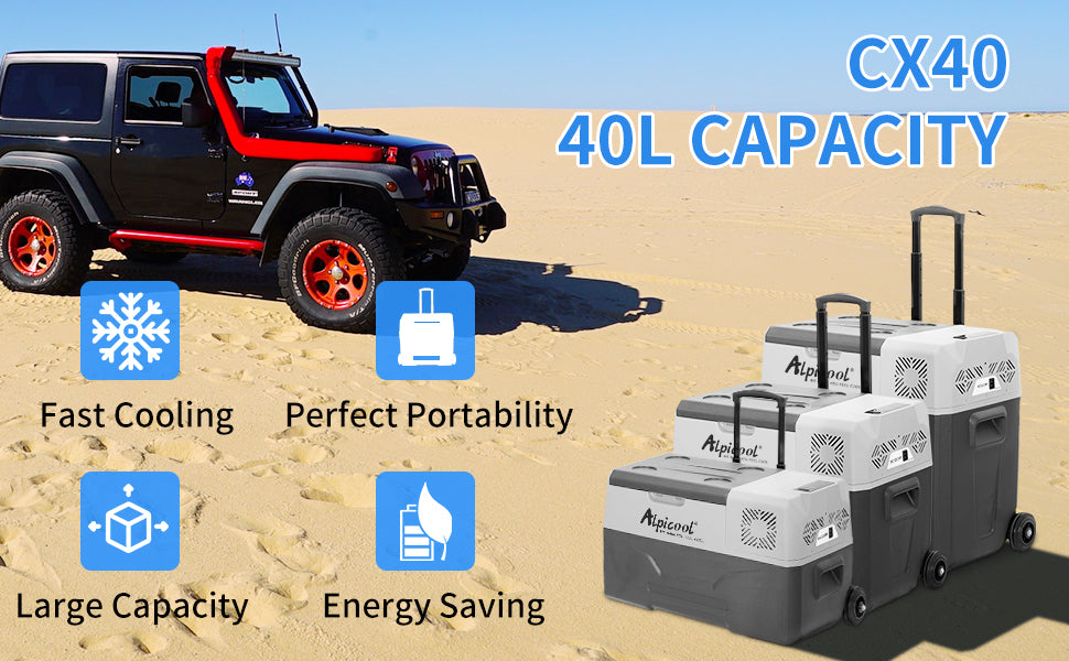 Alpicool CX40 40L Car Fridge, Bluetooth App, Cup Holders, Portable with Wheels