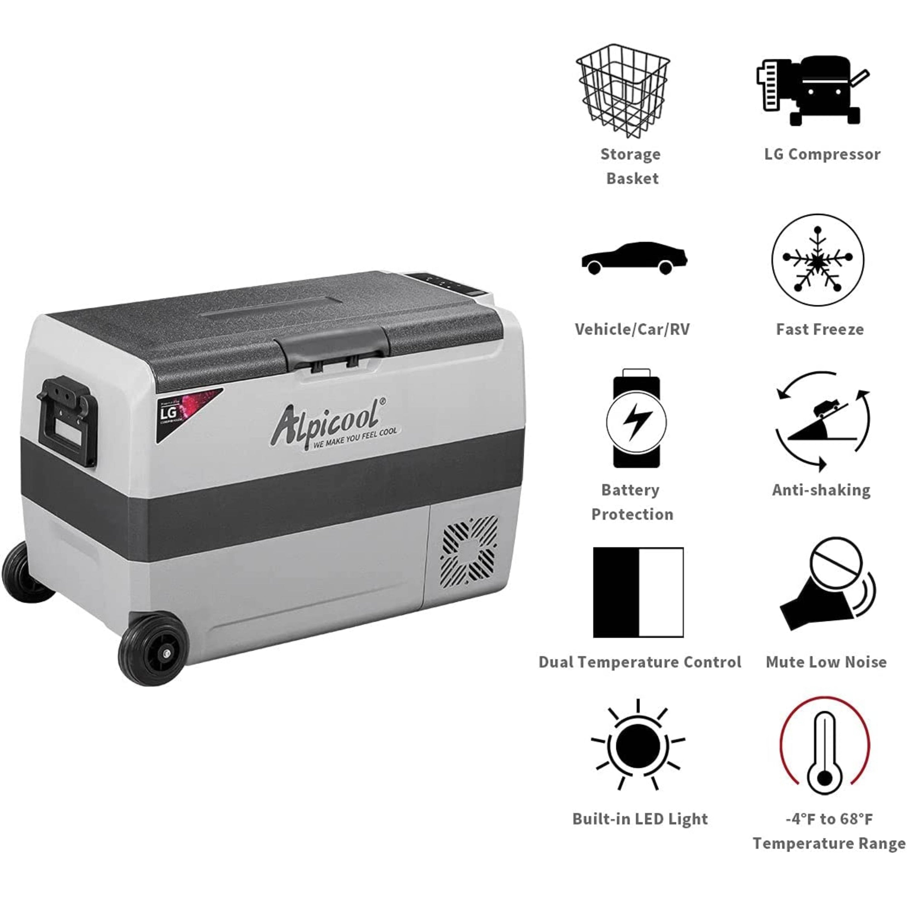 Alpicool T50 Dual Temperature Control 12 Volt Car Refrigerator 53 Quart Portable Fridge Freezer (-4f~68f) for Outdoor and Home, Size: 50 Liter