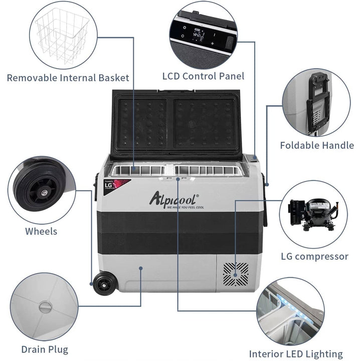 Alpicool LGT60 56L Dual-Zone Car Fridge, -4掳F to 68掳F - Independent Temp Zones, Bluetooth, Compact Portable Build