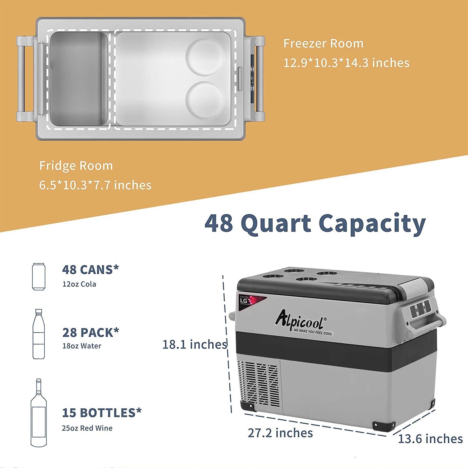 Alpicool LGCF45 - Dual-Zone 42 Quart Car Refrigerator, Bluetooth App, Versatile for Travel & Camping with Cupholders
