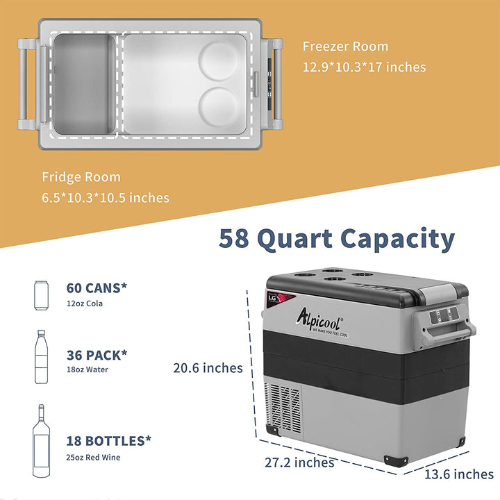 Alpicool LGCF55 52Qt Dual-Zone Car Cooler - Compressor Cooling, Quiet, Bluetooth App, Portable with Convenient Cup Holders