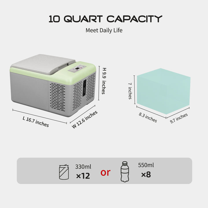 Alpicool C9PT Portable Green Car Cooler - 10 Quart Size, Fast Cooling, Touchscreen Display